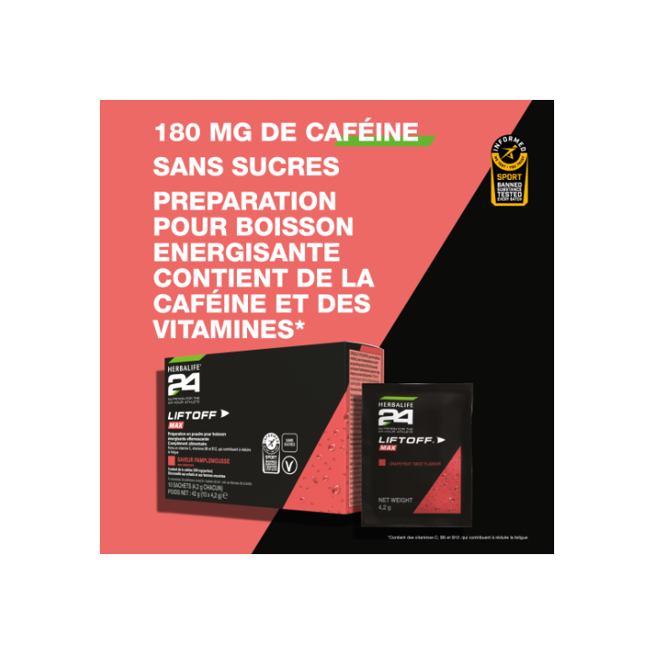 Boisson énergisante LiftOff® Max H24 Pamplemousse Herbalife Nutrition. 10 sachets de 4.2g