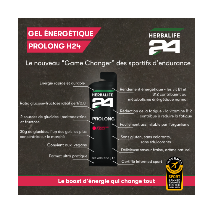 Gels énergétiques Sport Prolong H24 Herbalife saveur fraise. 10 sachets par boîte