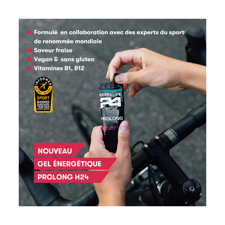 Gels énergétiques Sport Prolong H24 Herbalife saveur fraise. 10 sachets par boîte