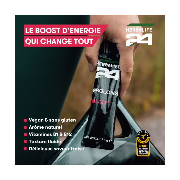 Gels énergétiques Sport Prolong H24 Herbalife saveur fraise. 10 sachets par boîte