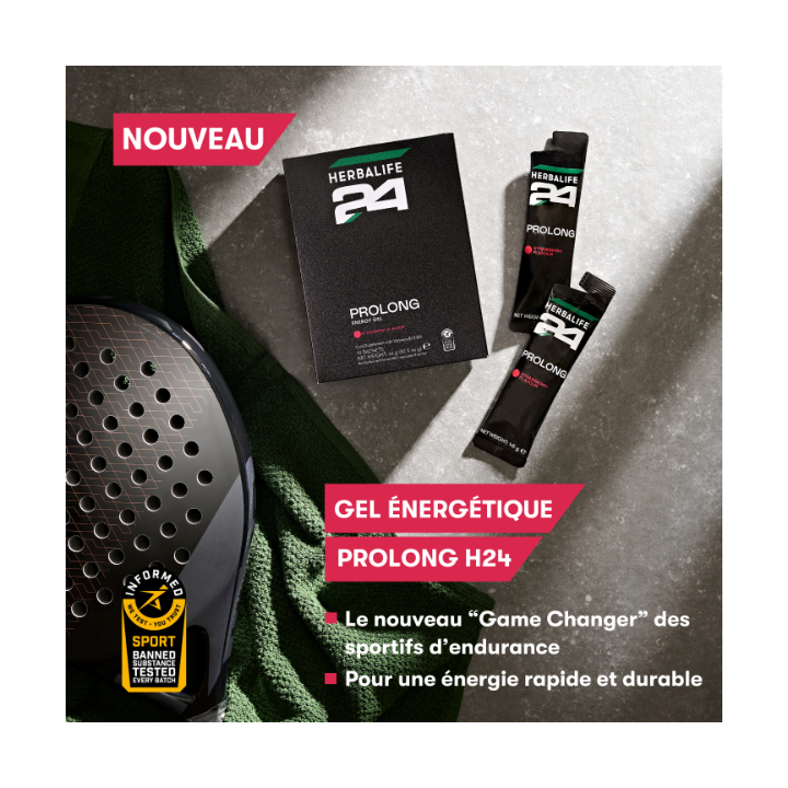 Gels énergétiques Sport Prolong H24 Herbalife saveur fraise. 10 sachets par boîte