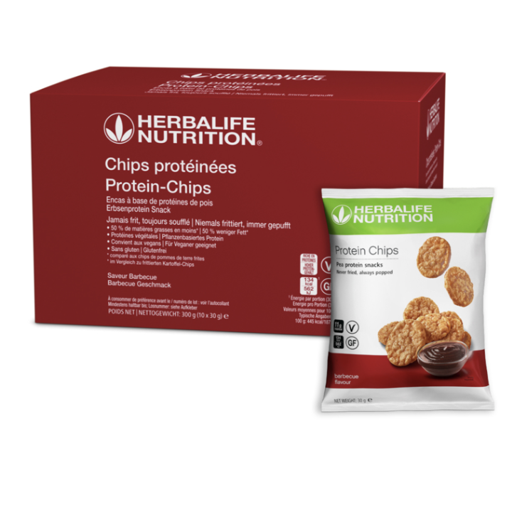 Chips Protéinées Herbalife. 10 sachets de 30g. 2 saveurs barbecue ou oignons et Cream